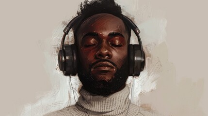 Bearded Listener: Artistic Close-Up with Headphones and Turtleneck Artistic representation of music enjoyment