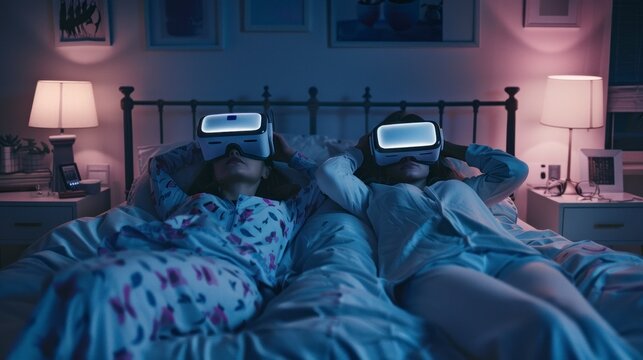 husband and wife lying in bed in pajamas with virtual reality glasses at night in high resolution and high quality hd