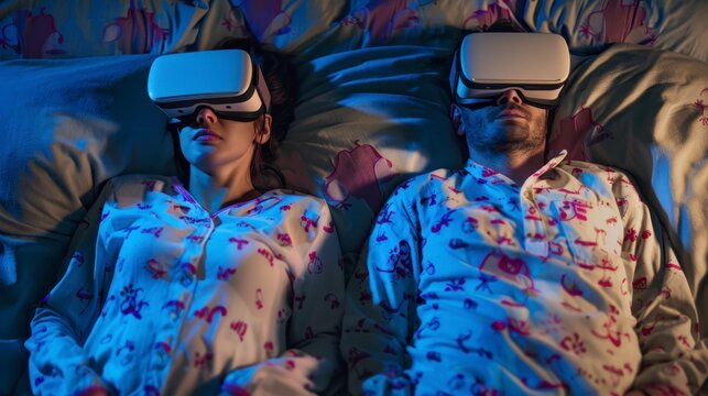 wedding couples lying in bed with virtual reality glasses with pajamas in high resolution and high quality HD