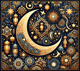 Fototapeta premium Pattern illustration with Ramadan motifs including crescent moons and lanterns. Ornate Ramadan Tapestry. Intricate Background with Crescent Moons, Stars