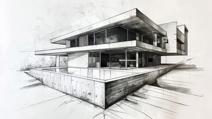 Generative AI, Contemporary architectural sketch with pencil and markers of a house facade, technical drawn background	
