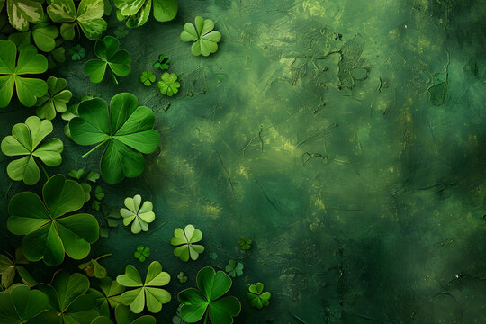 Feiern von Saint Patrick's Day: Gr&uuml;ner Hintergrund mit Kleebl&auml;ttern und irischen Symbolen