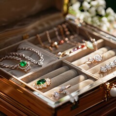 Adorned within a jewel box are an exquisite array of beautiful necklaces, earrings, and bracelets,...