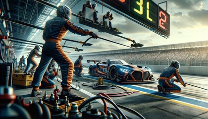 Professional Pit Crew in Action during Race Car Pitstop - obrazy, fototapety, plakaty