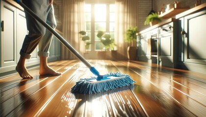 Sunlit Room Cleaning Wooden Floor with Blue Mop