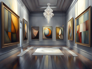 modern abstract expressionist and cubist paintings hanging in frames in an art gallery - obrazy, fototapety, plakaty