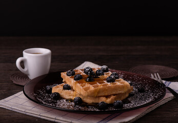 Food studio photo. Waffle studio photo. Perfect morning food, easy food, healthy food, blueberries, 
Gourmet Morning Delight: Perfectly Plated Waffles in Studio Elegance




