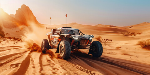 A high-speed off-road vehicle kicks up a trail of sand while racing through a desert landscape under a clear sky. - obrazy, fototapety, plakaty
