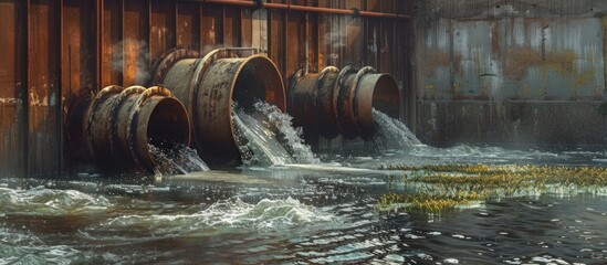 An industrial damage pollution waste water flowing from large metal pipes into rivers.