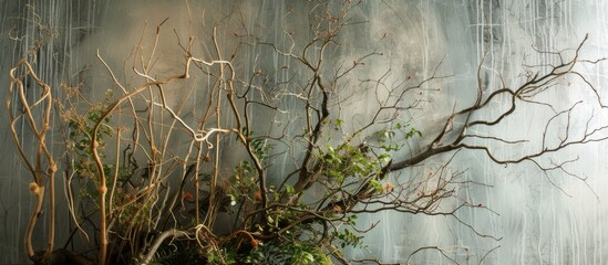 A cluster of branches, leaves, and twigs against a gray wall, creating a natural landscape with elements of plant life like trees, grass, and terrestrial plants