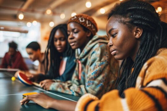 Happy teenagers playing ping pong pretty diverse college friends having fun tennis match play young guys leisure time sports activity action friendly competition friendship entertainment table sport