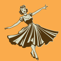 vintage cartoon illustration of a dancing happy woman with sketchy simple face