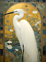 Decorative art nouveau illustration of a little Egret in an ornate decorative golden nature background