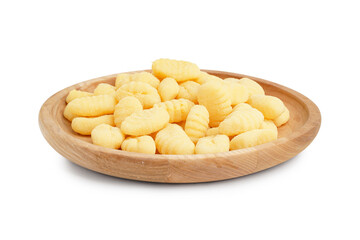 Wooden plate with tasty gnocchi on white background