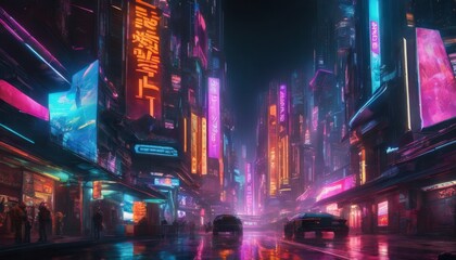 cyberpunk, neon, cityscape, night, skyscraper, futuristic, holographic, architecture, streets, pedestrians, vehicles, electronic, technology, rain, advertisements, glow, shadows