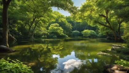 Fototapeta na wymiar meditation, nature, tranquility, pond, greenery, trees, reflection, serenity, oasis, seclusion, water, sky, sunny, , flora, forest, river, blooming, vibrant, lush, secluded, landscape, untouched
