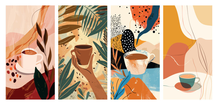 Abstract coffee art posters set, modern vector illustrations with warm tones