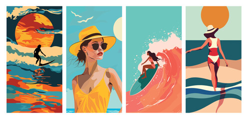 Vibrant summer beach scenes vector poster set with surfing and sunbathing illustrations