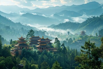 Discover the secluded hot spring oasis in Shangri-La, where weary travelers seek rest and rejuvenation in healing waters amidst towering bamboo groves and mist-covered peaks - obrazy, fototapety, plakaty