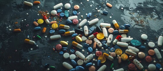 Many medicine capsules,pills, and tablets on a floor. Generated AI image - obrazy, fototapety, plakaty