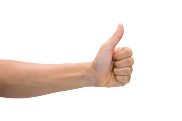 Man hand with thumb up isolated on white background with clipping path.