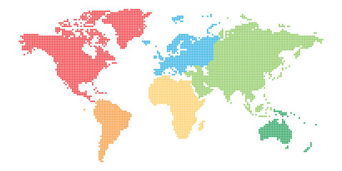 Dotted map of World with different color of each continent. Halftone design. Simple flat vector illustration.