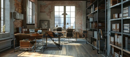 Modern home office workplace interior design in loft with industrial style. Generated AI image