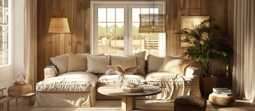 Cozy farmhouse living room interior, 3d render