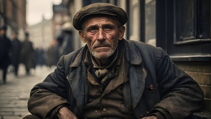 Alter arbeitsloser Mann auf der Straße einer Stadt um 1900 - obrazy, fototapety, plakaty