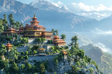 Behold the majestic mountaintop palace of the ruler of Shambhala, where wisdom and compassion rule, and panoramic views inspire awe and reverence - obrazy, fototapety, plakaty