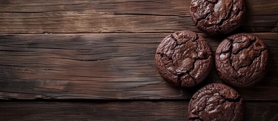 Four scrumptious chocolate brownies rest on a rustic hardwood table, showcasing a perfect blend of rich cocoa, flour, sugar, and eggs a staple dessert in many cuisines