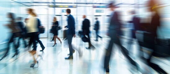 Businesspeople walking fast in the corridor of business center in a motion blur effect. Generated AI