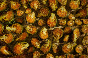 A baking sheet of roasted Brussels Sprouts. Also called a roasting tin.