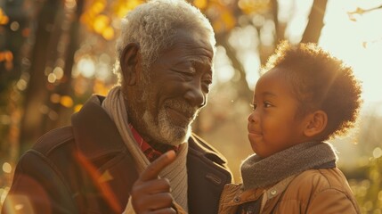 An unlikely bond formed between a wise old man and a curious young girl as they stood under the vibrant autumn leaves, their human faces reflecting the beauty of nature's changing seasons - obrazy, fototapety, plakaty