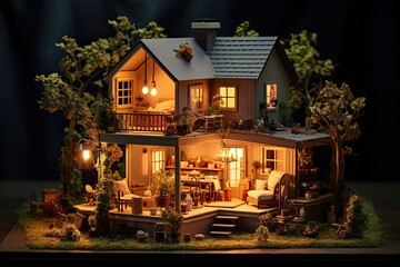 Miniature model of a house on dark background. Furnished doll house. dream house mini model. children toy.