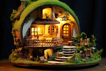 Mini model of a house designed with grass on a dark background. Festive decoration. architectural mini model of a house. eco-friendly dream house miniature. doll house.