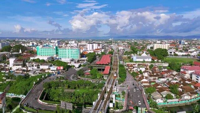 aerial view of the streets of Malioboro Yogyakarta city close to Tugu train station