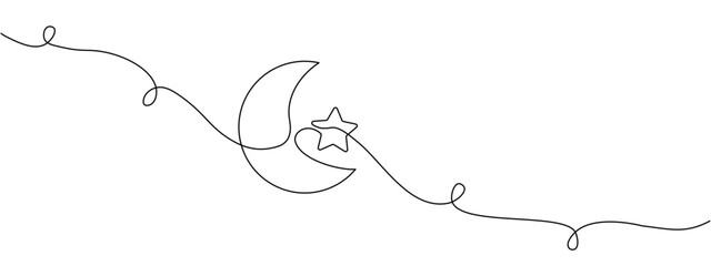Line drawing of moon with star. Muslim symbol in style of continuous editable linear drawing.Vector illustration