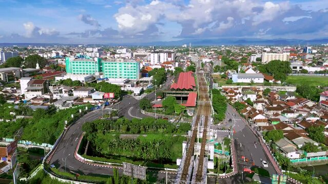 aerial view of the streets of Malioboro Yogyakarta city close to Tugu train station