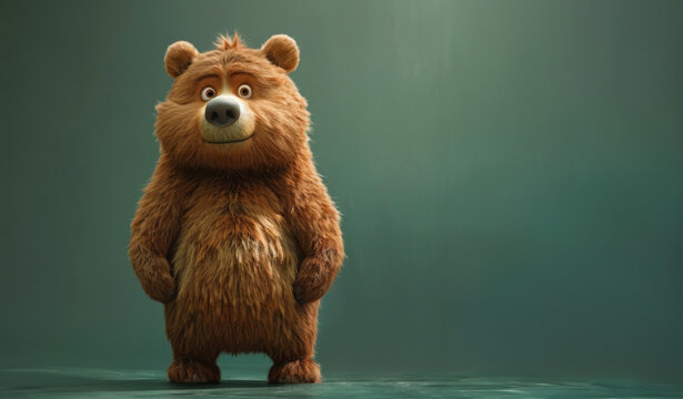 Friendly Animated Bear Standing with a Curious Look, Ideal for Family-Friendly Content and Educational Purposes. This image exudes warmth and approachability, perfect for engaging audiences