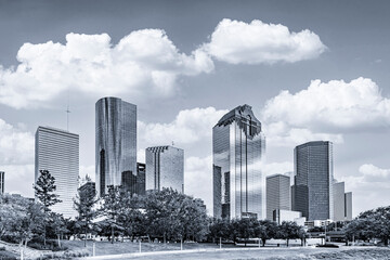 skyline of Houston, Texas in morning light seen from Buffalo bayou park