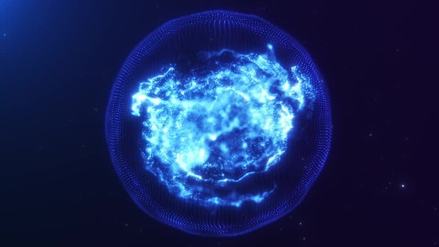 Abstract blue energetic glowing magic orb with plasma dynamic shining core levitates in space. Dark blue background with fractal particles flying by. A neon performance sphere 4k 60fps video loop.