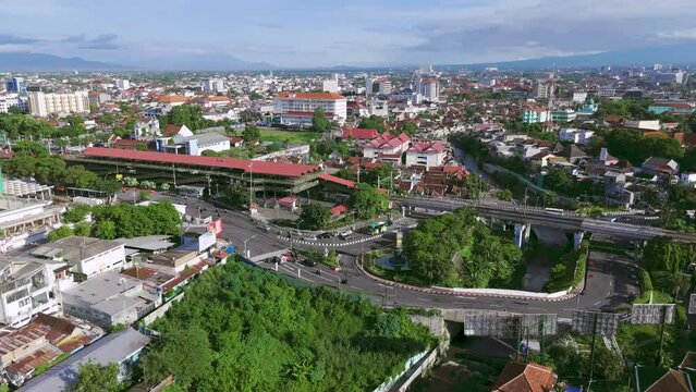 aerial view of the streets of Malioboro Yogyakarta city close to Tugu train station