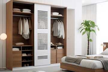 A modern bedroom showcases a built-in wooden wardrobe with open shelving, neatly organized clothes, and a lively potted plant..