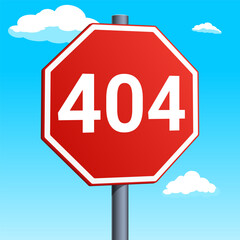 Stop sign with 404 error page red road sign isolated on blue sky background. Conceptual illustration. Hand drawn color vector illustration.