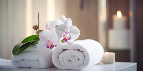 Obraz na płótnie Canvas An inviting spa-like atmosphere featuring white orchids, fluffy towels, and lit candles, creating a sense of relaxation and luxury