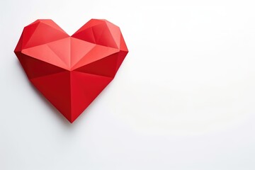 A 3D red polygonal paper heart isolated on a clean white background. Geometric Red Heart on White Backdrop
