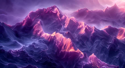 Rolgordijnen 3d render of abstract art 3d background surreal landscape with big fantasy magic mountains with neon glowing blue purple and red gradient color light inside © Katie