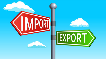 Red green arrows sign import export conceptual illustration on blue sky background. Vector illustration