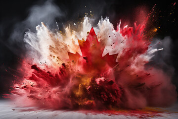 An explosion of red and white colors with a maple leaf silhouette. Symbol of Canada. Generated by artificial intelligence